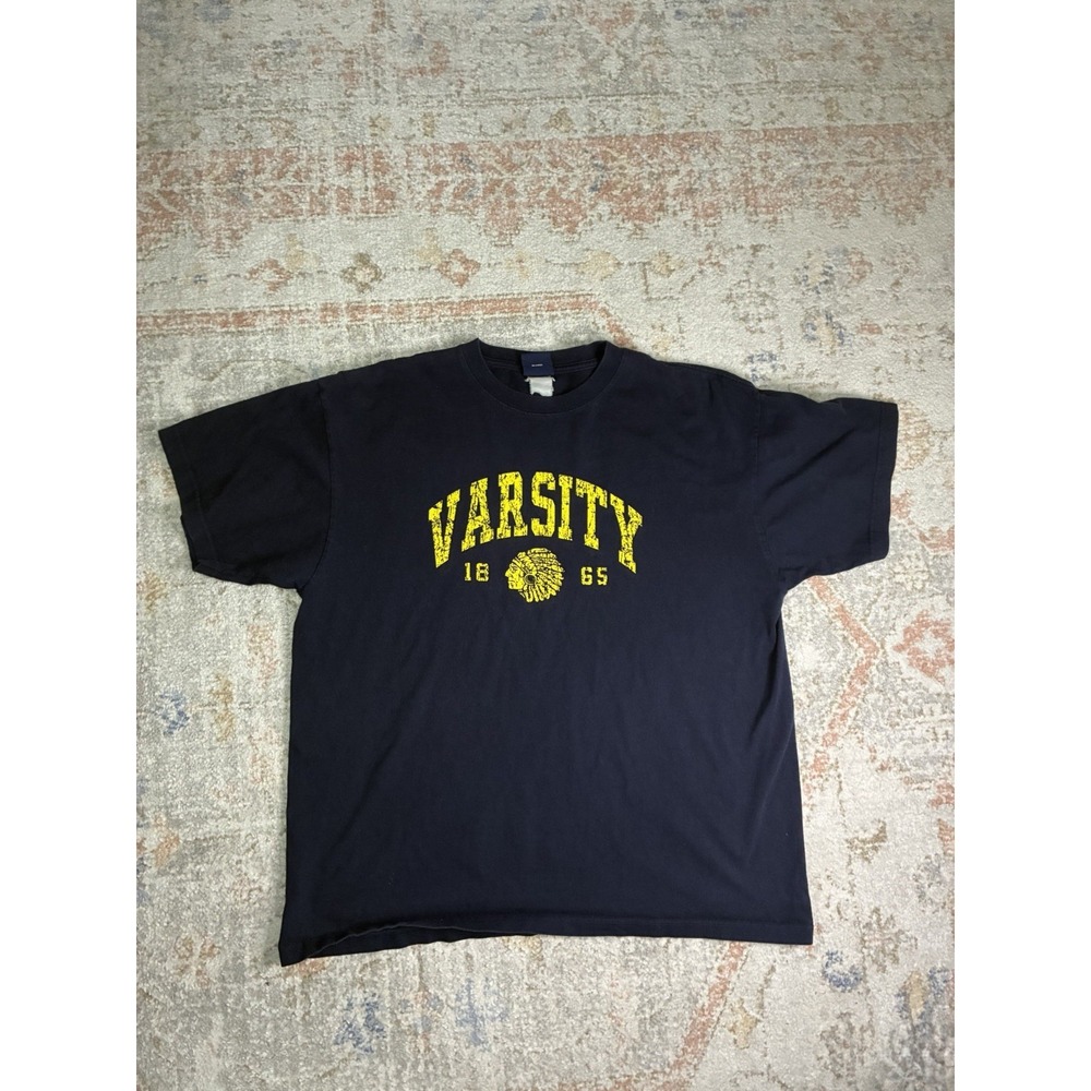 Vintage Navy Blue Varsity Graphic T-Shirt Distressed Yellow 1865 Oversized 2XL